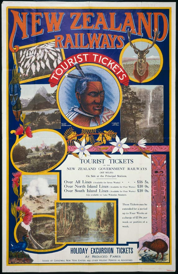 This 1923 New Zealand Railways poster offers a fourweek Tourist Ticket for