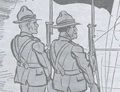 cartoon of Māori and Pakeha soldiers on guard