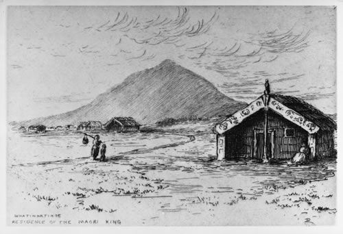 Etching of Maori King's residence, Whatiwhatihoe