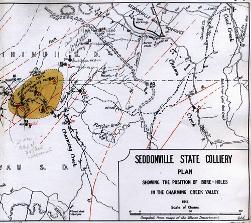 Plan showing coal at Charming Creek Plan from 1912 showing coal at Charming Creek